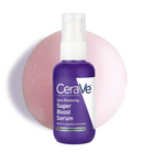 CeraVe Skin Renewing Super Boost Serum in a purple pump bottle with a white cap, set against a soft pink circular backdrop on a white background.