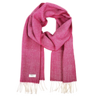 A pink and white herringbone patterned scarf with cream fringe, draped in a loop on a white background.