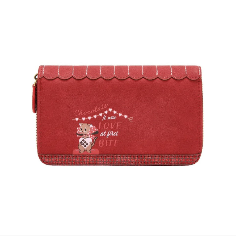 Red wallet with a cat design and text on a white background