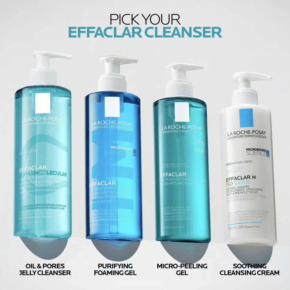 Four bottles of La Roche-Posay Effaclar cleanser with labels on a light gray background.