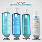 Four bottles of La Roche-Posay Effaclar cleanser with labels on a light gray background.