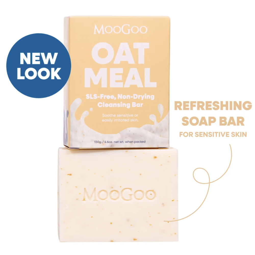 MooGoo Oat Meal SLS-free cleansing bar soap and its packaging box, displayed on a clean white background with promotional text overlays.