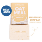 MooGoo Oat Meal SLS-free cleansing bar soap and its packaging box, displayed on a clean white background with promotional text overlays.