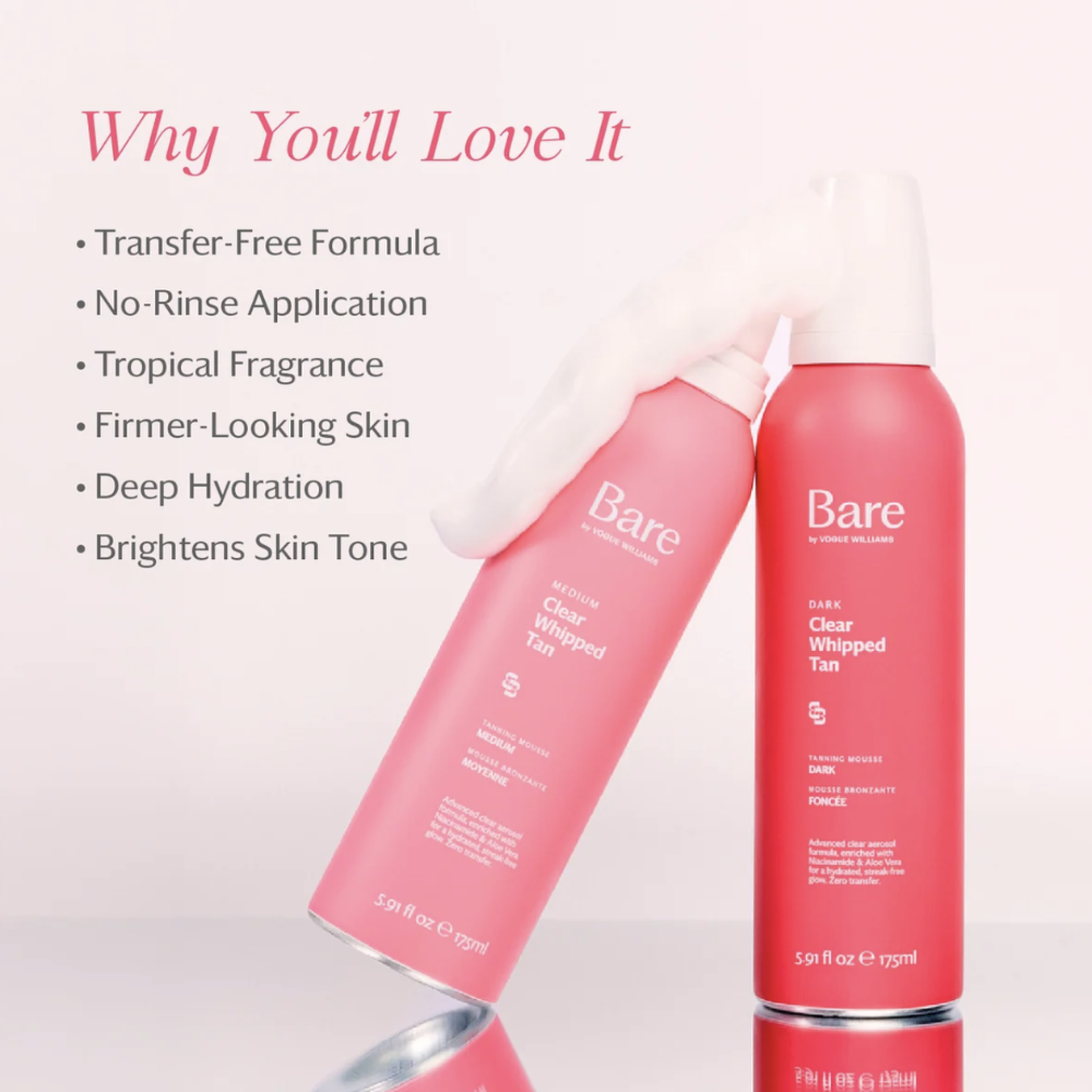 Two Bare brand whipped tan spray cans in pink packaging, one upright and one tilted, with a white foam puff above them on a pale pink background. Text on the left reads 'Why Youll Love It' with bullet points about transfer-free formula, no-rinse application, tropical fragrance, firmer-looking skin, deep hydration, and brightening skin tone.