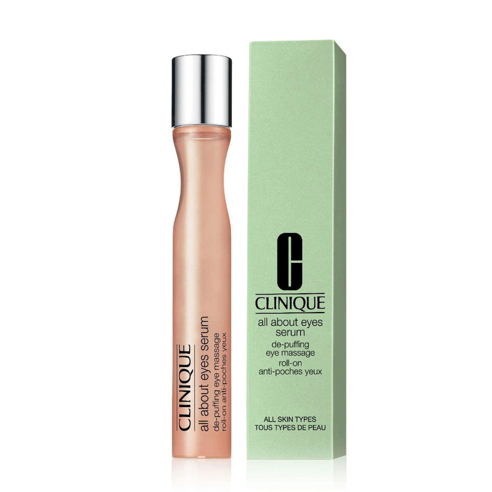 Clinique All About Eyes Serum De-Puffing Eye Massage Roll-On in a pink tube with a metallic cap.