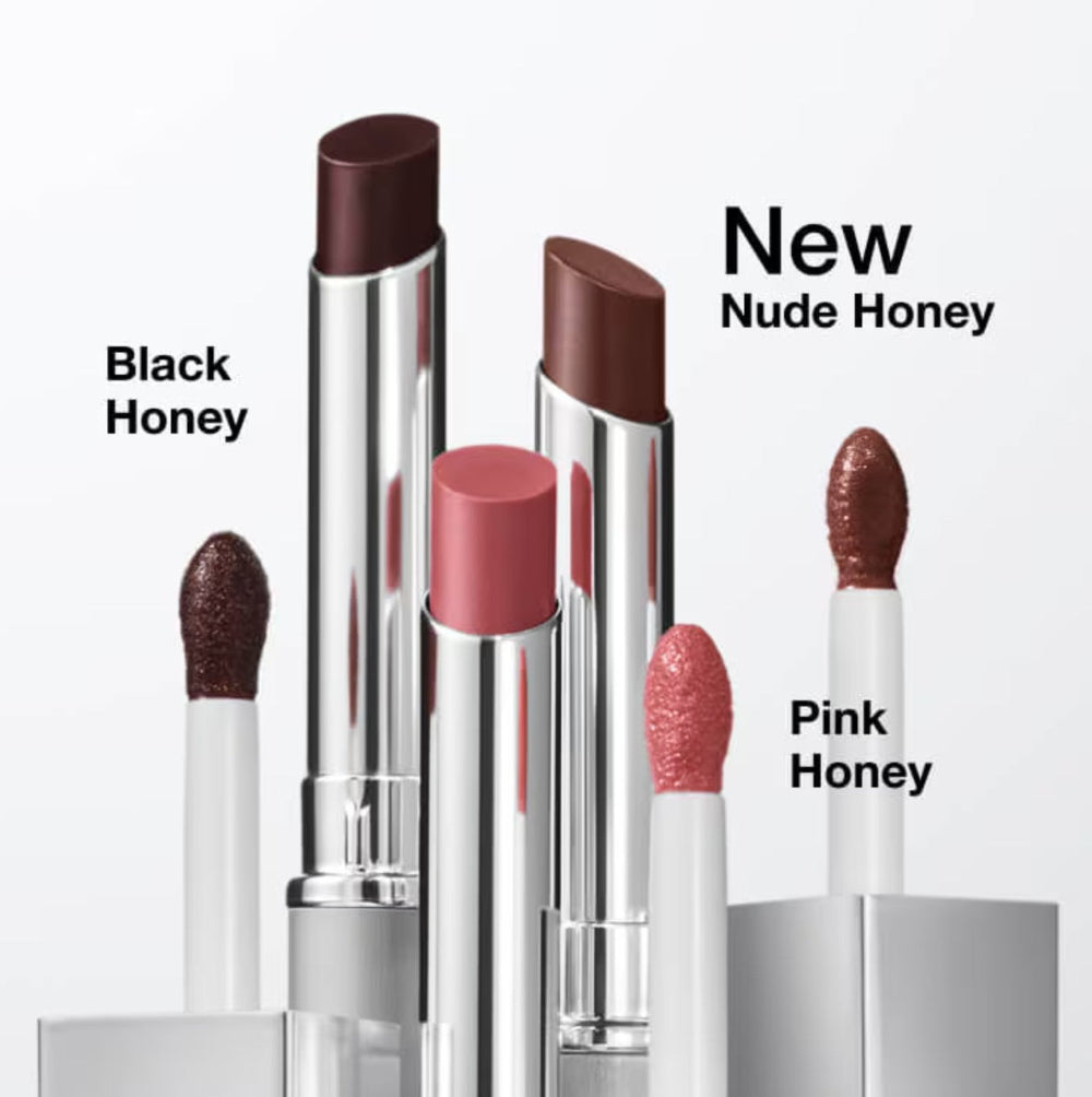 Lipsticks with different shades labeled 'Black Honey', 'Nude Honey', and 'Pink Honey' on a white background.