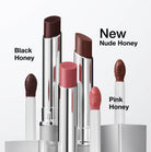 Lipsticks with different shades labeled 'Black Honey', 'Nude Honey', and 'Pink Honey' on a white background.