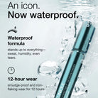 Clinique makeup product with water droplets and text highlighting waterproof properties on a light gray background.