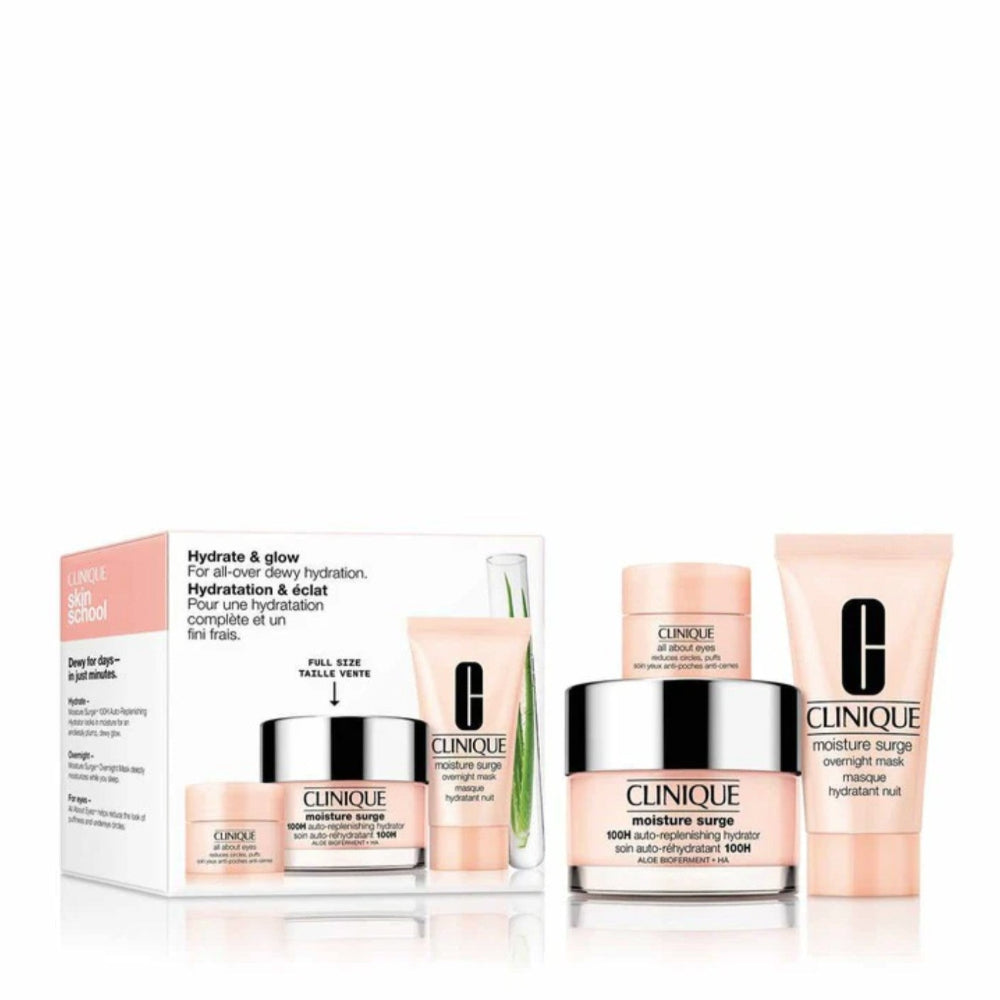 Clinique skincare products including bottles, jars, and a box on a white background