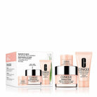 Clinique skincare products including bottles, jars, and a box on a white background
