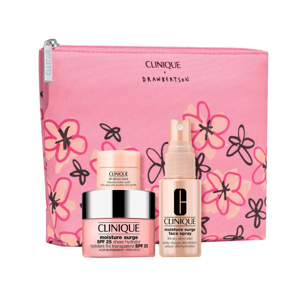 Clinique skincare products with a pink floral pouch on a white background
