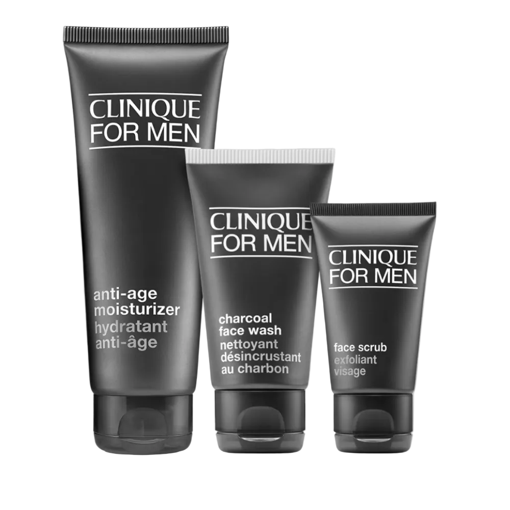 Three Clinique for Men skincare products on a light gray background