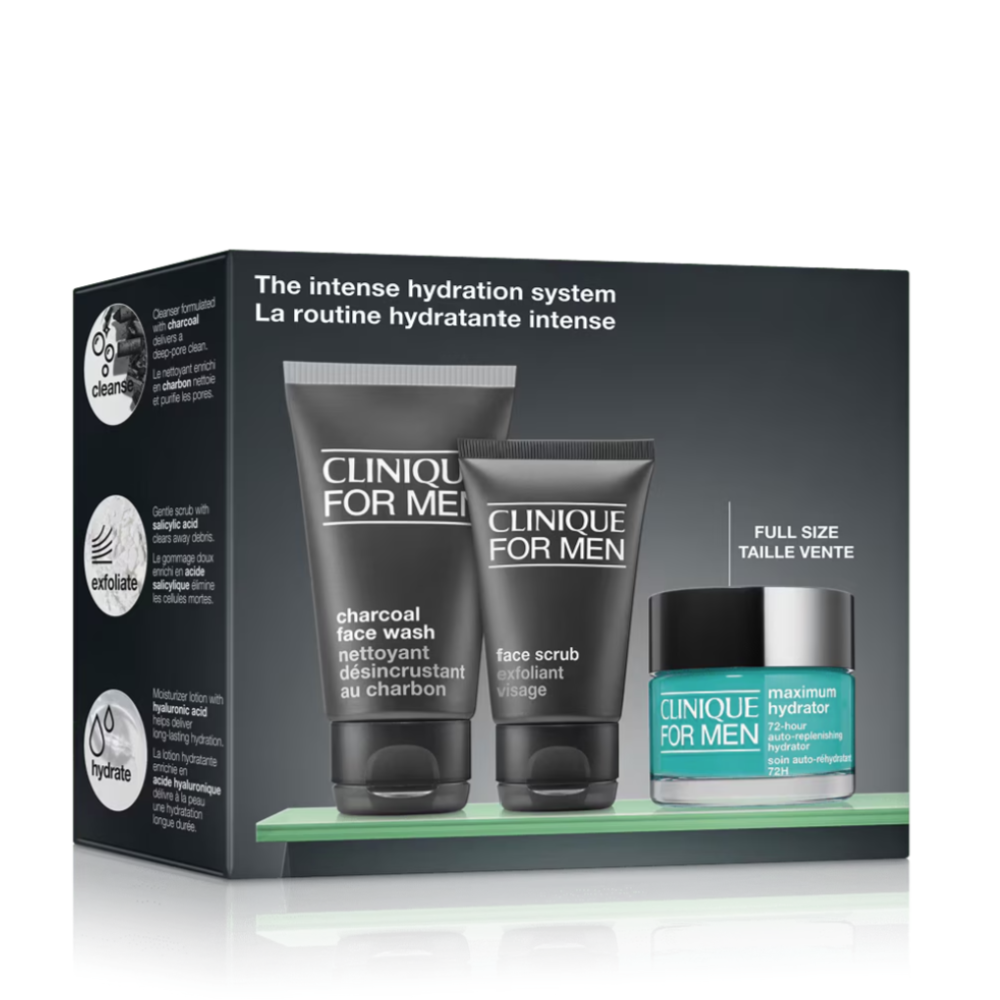Clinique for Men skincare product set packaging on a white background