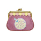 Pink coin purse with gold clasp and embroidered design on a white background