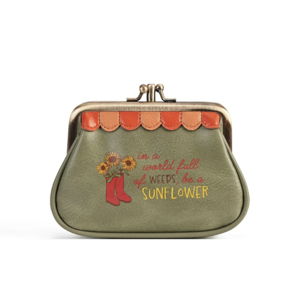 An olive green kiss-lock coin purse with a decorative front. The front features a graphic of red rain boots filled with sunflowers and the text 'in a world full of weeds, be a SUNFLOWER' in red and yellow lettering.