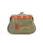 An olive green kiss-lock coin purse with a decorative front. The front features a graphic of red rain boots filled with sunflowers and the text 'in a world full of weeds, be a SUNFLOWER' in red and yellow lettering.
