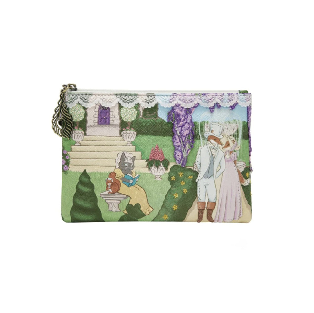 Animated coin purse with characters in a garden setting on a white background