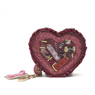 A heart-shaped coin purse with a ruffled burgundy border and a central patchwork design featuring sewing thread spools and stitching. It includes a pink fabric tag and a gold-tone keychain clasp on a white background.