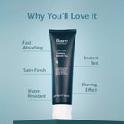 A Bare Couture Instant Tan tube centered on a light blue background with marketing text callouts around it: 'Why You'll Love it,' 'Fast Absorbing,' 'Satin Finish,' 'Water Resistant,' 'Instant Tint,' and 'Blurring Effect.'.