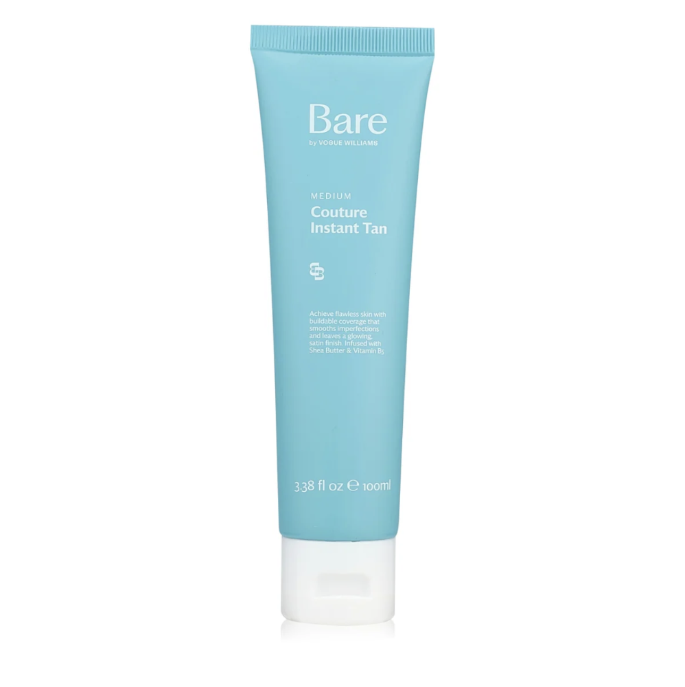 A light blue squeeze tube of Bare by Vogue Williams Couture Instant Tan on a clean white background.
