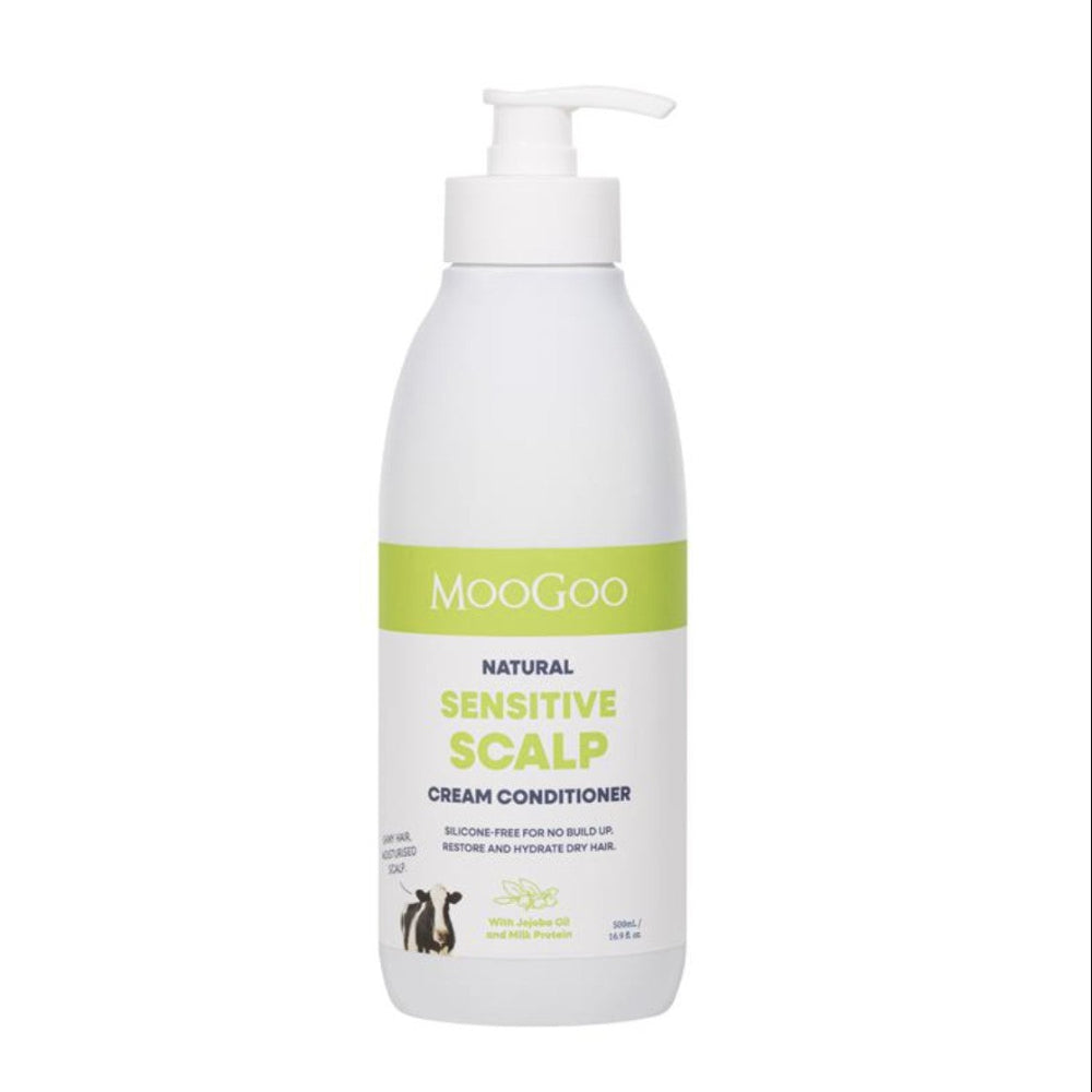 A white pump bottle of MooGoo Natural Sensitive Scalp Cream Conditioner