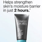 Clinique for Men daily hydrator SPF 50 tube on a white background with text about skin moisture barrier strength.