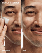 Before and after application of a skincare product on a man's face.