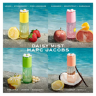 A four-panel product lineup graphic for Marc Jacobs Daisy Mist water bottles in different scents, set against a tropical beach background.
