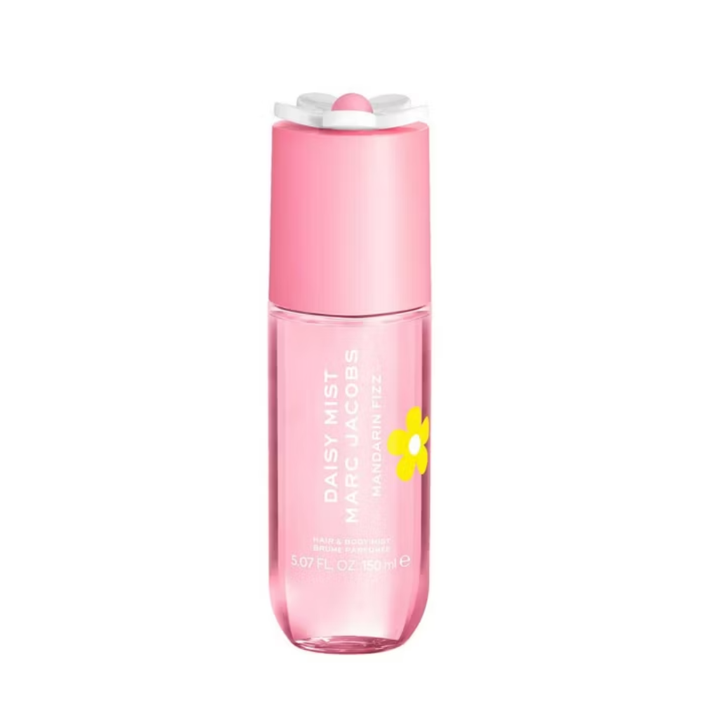 A pink bottle of Daisy Body Mist with a matching pink cap and a small yellow flower graphic on the front, set against a plain white background.