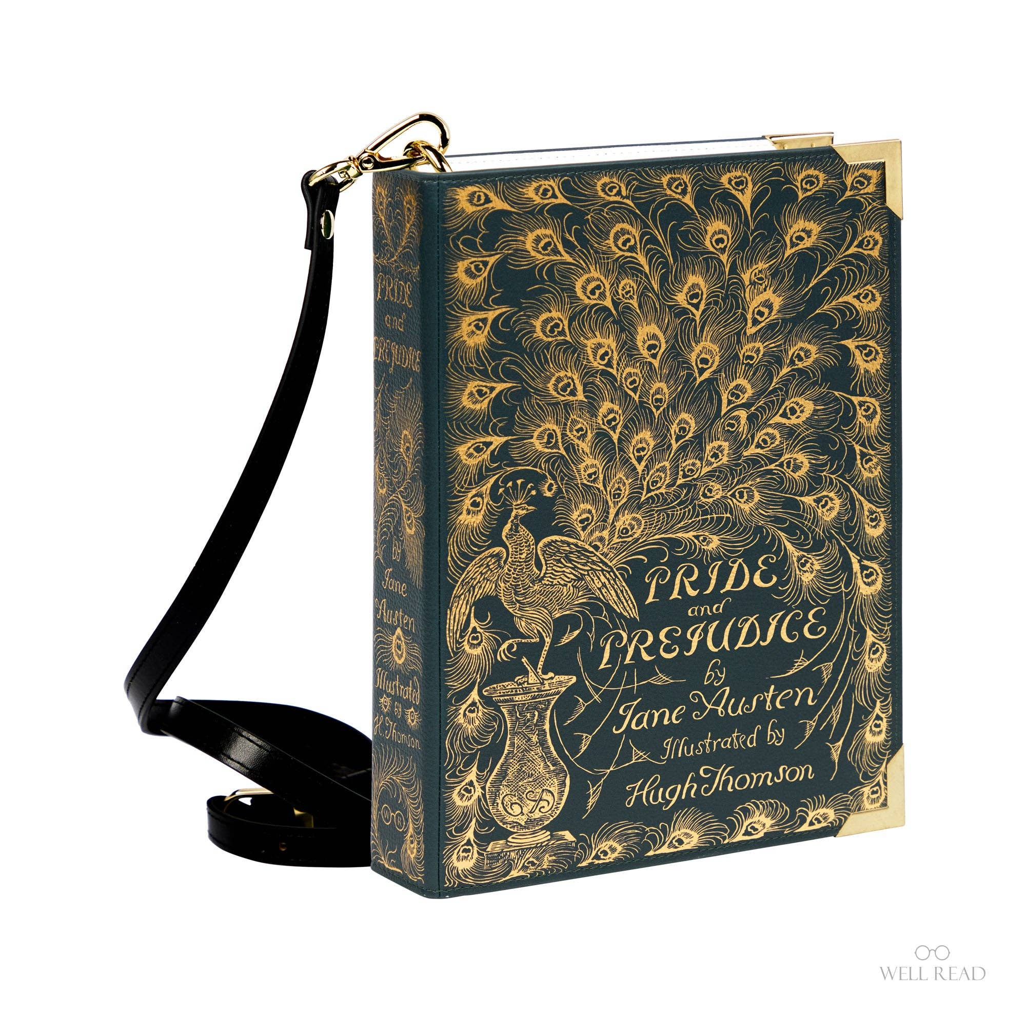 Book-shaped handbag with 'Pride and Prejudice' design on a white background