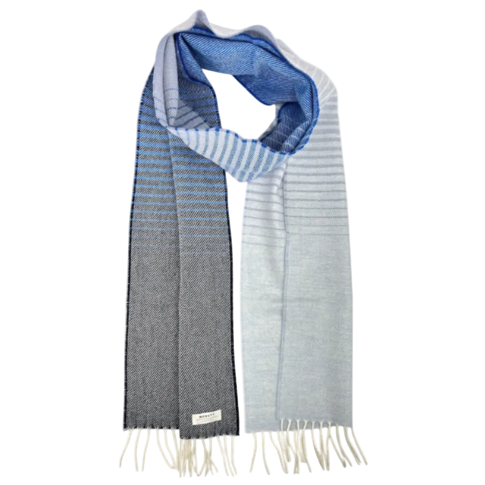 A lightweight woven scarf with a blue and gray gradient design, featuring striped patterns and fringed ends, displayed on a clean white background.