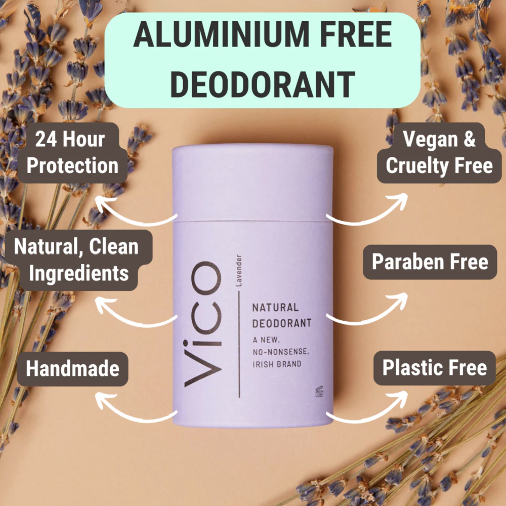 VICO aluminium-free deodorant with features listed on a beige background with lavender.