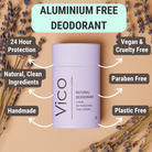 VICO aluminium-free deodorant with features listed on a beige background with lavender.