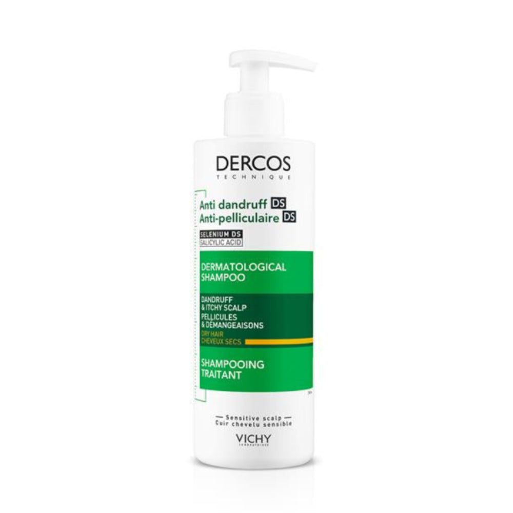Vichy Dercos anti-dandruff shampoo 390ml bottle on a white background
