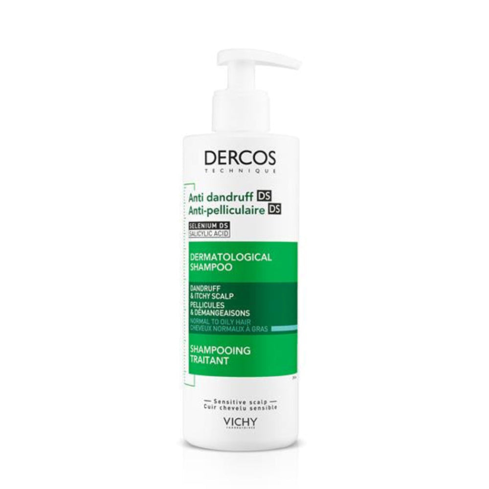 Vichy Dercos anti-dandruff shampoo 390ml bottle on a white background