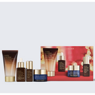 Estée Lauder Advanced Night Repair Cleansing Gelee and a matching gift set featuring Advanced Night Repair Serum, Advanced Night Repair Eye Serum, Advanced Night Repair Eye Treatment, and Revitalizing Supreme+ Night Cream, displayed in front of a red gift box.