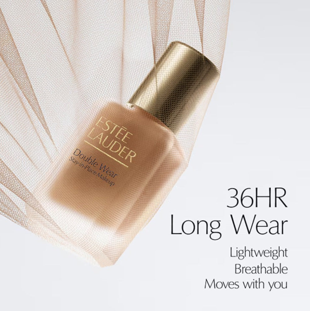 Estée Lauder foundation bottle with '36HR Long Wear' text on a light background