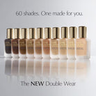 Estée Lauder Double Wear foundation bottles on a gray background with text '60 shades. One made for you.'