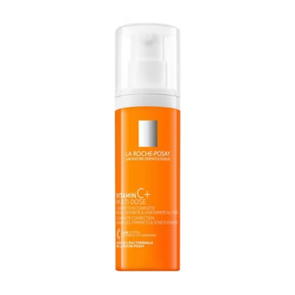 La Roche-Posay Vitamin C+ Multi-Dose treatment serum in an orange pump bottle with a clear cap, shown on a plain white background.