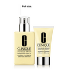 Clinique Dramatically Different Moisturizing Lotion in a pale yellow bottle with a silver pump, shown next to a matching yellow squeeze tube on a white background. A small text label above reads 'Full size'.