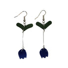 Pair of earrings with green and blue components on a white background