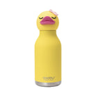 Yellow duck-shaped water bottle with a pink beak on a white background