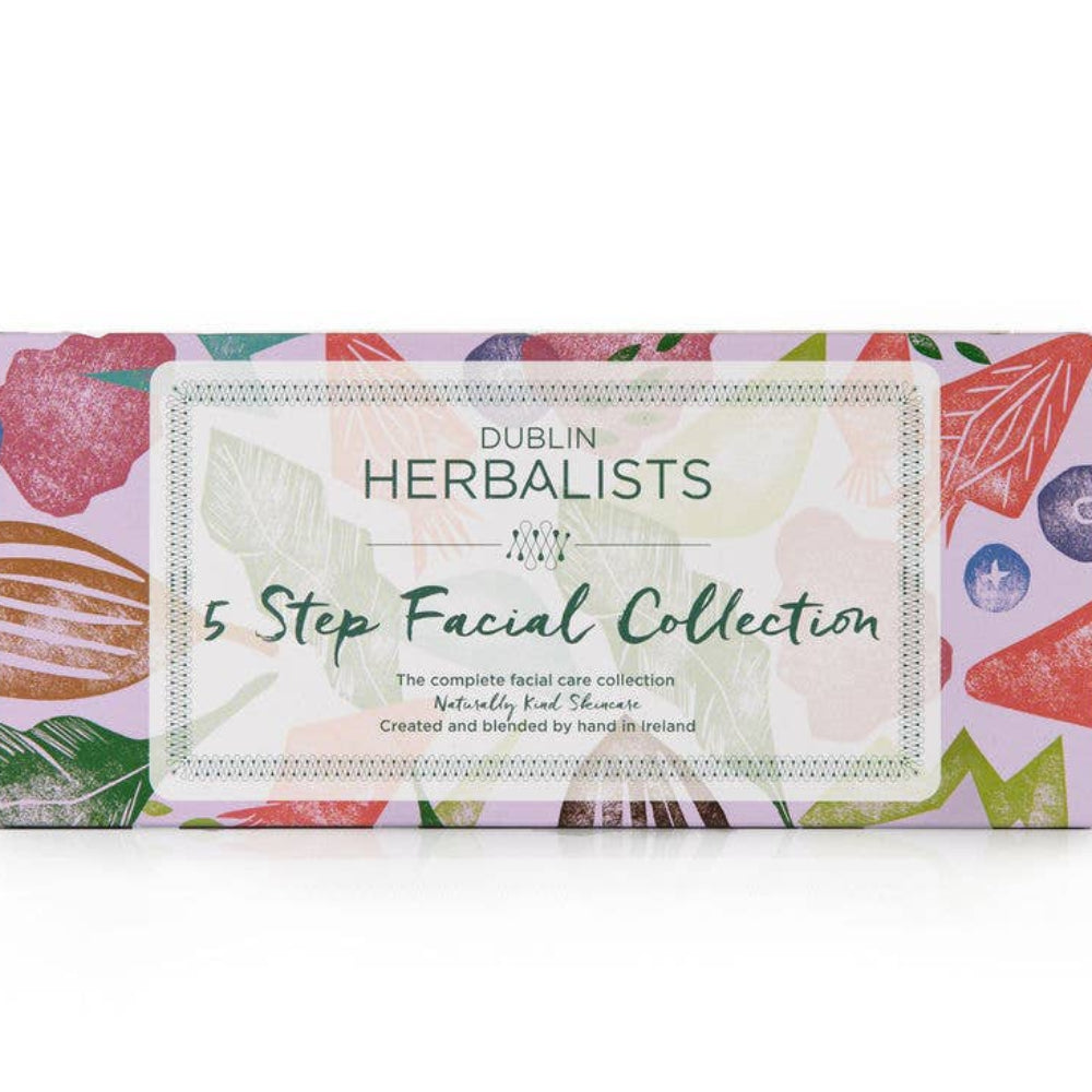 Box of Dublin Herbalists 5 Step Facial Collection with floral design on a white background