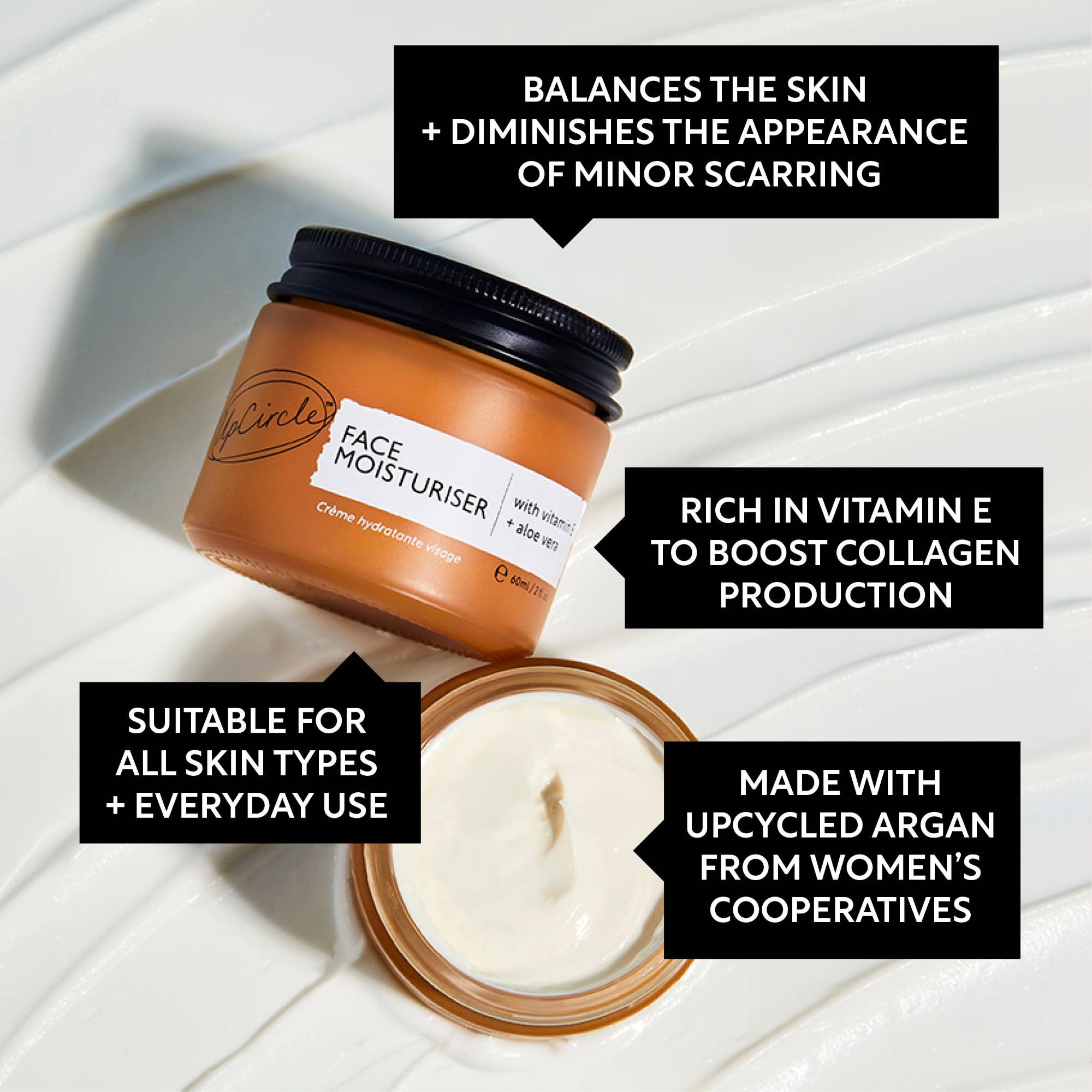Face moisturizer jar with open lid on a white background, featuring text about product benefits.