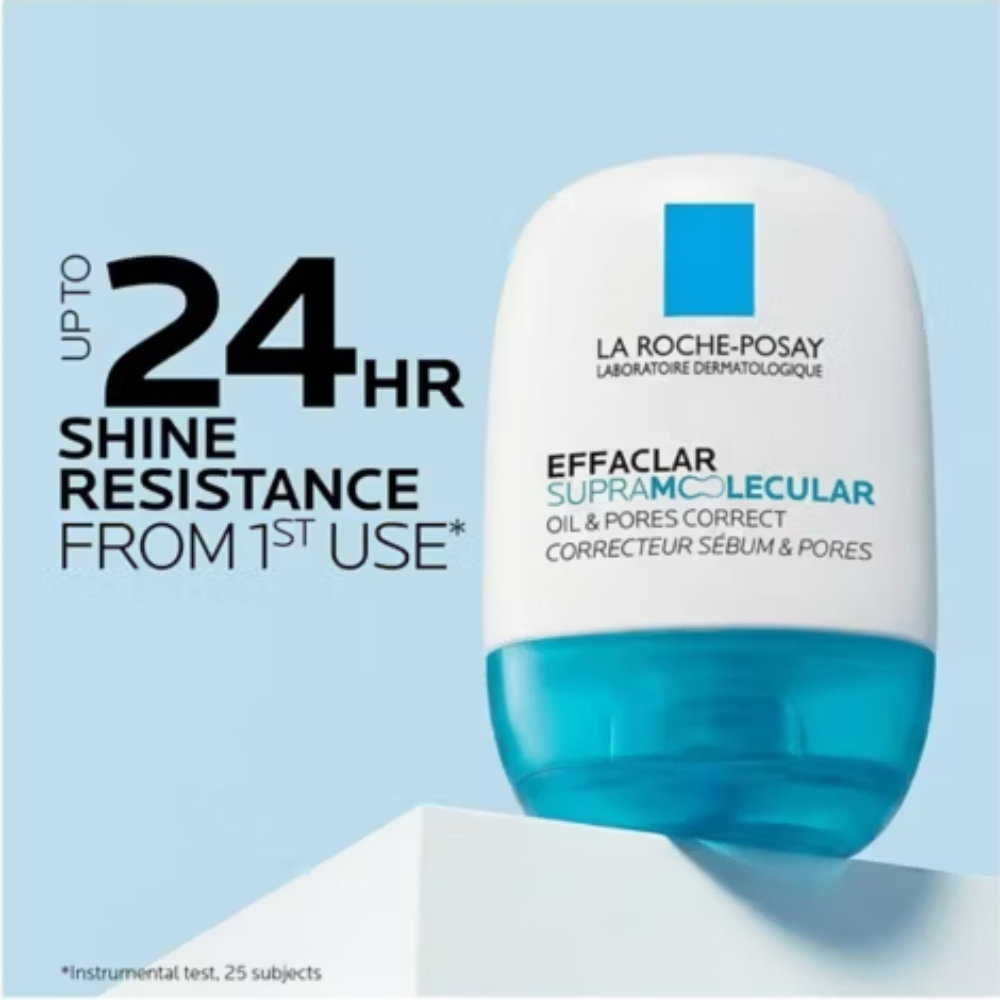 La Roche-Posay Effaclar Supramolecular oil and pores corrector bottle on a white pedestal against a light blue background, with promotional text on the left.