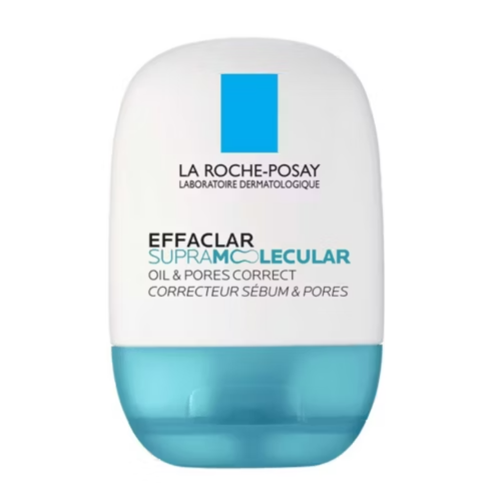 La Roche-Posay Effaclar Supramolecular Oil & Pores Correct corrector sébume et pores, in a white and light blue bottle with a blue square logo, on a white background.