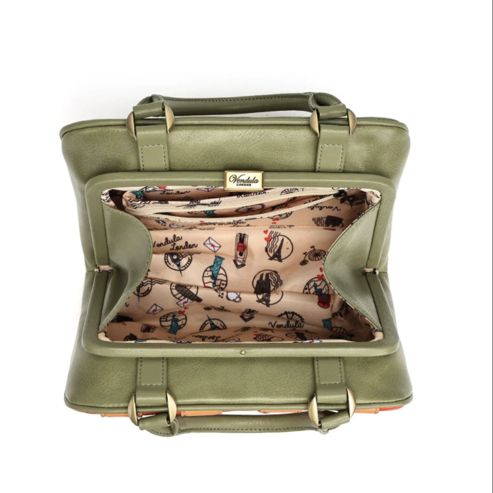 An olive green faux leather handbag shown from a top-down view, open to reveal a beige patterned interior with vintage-style illustrations and a gold-tone brand plaque that reads 'Vendula London'.