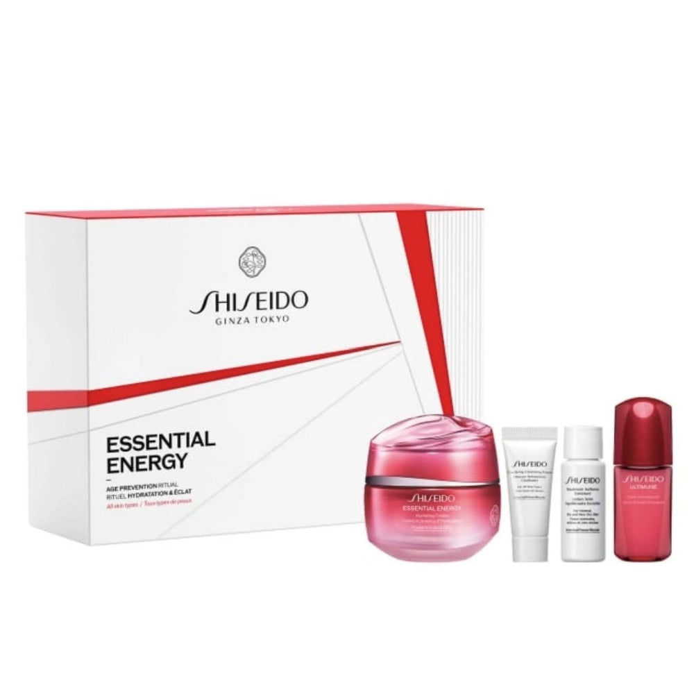 Shiseido Essential Energy skincare set on a white background