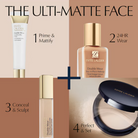 Estée Lauder makeup products with text on a beige background