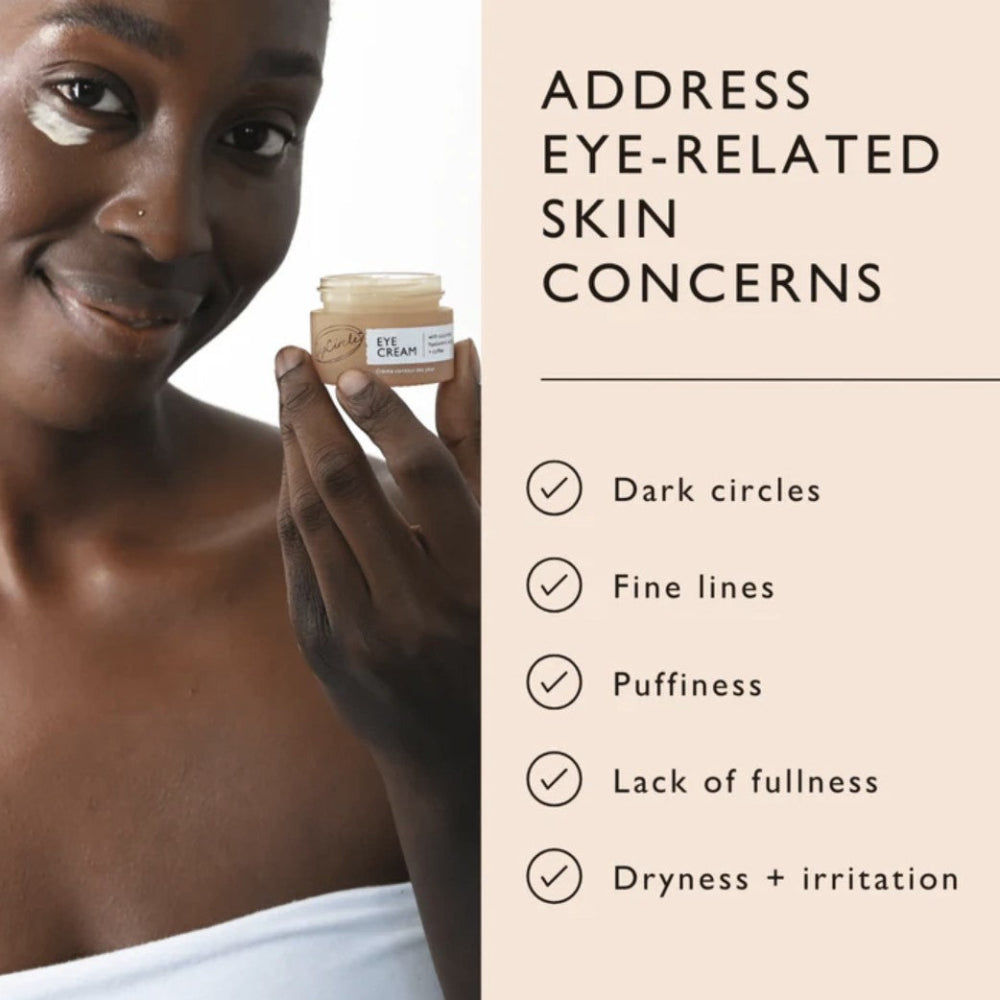 Woman holding a jar of eye cream with text about addressing eye-related skin concerns.